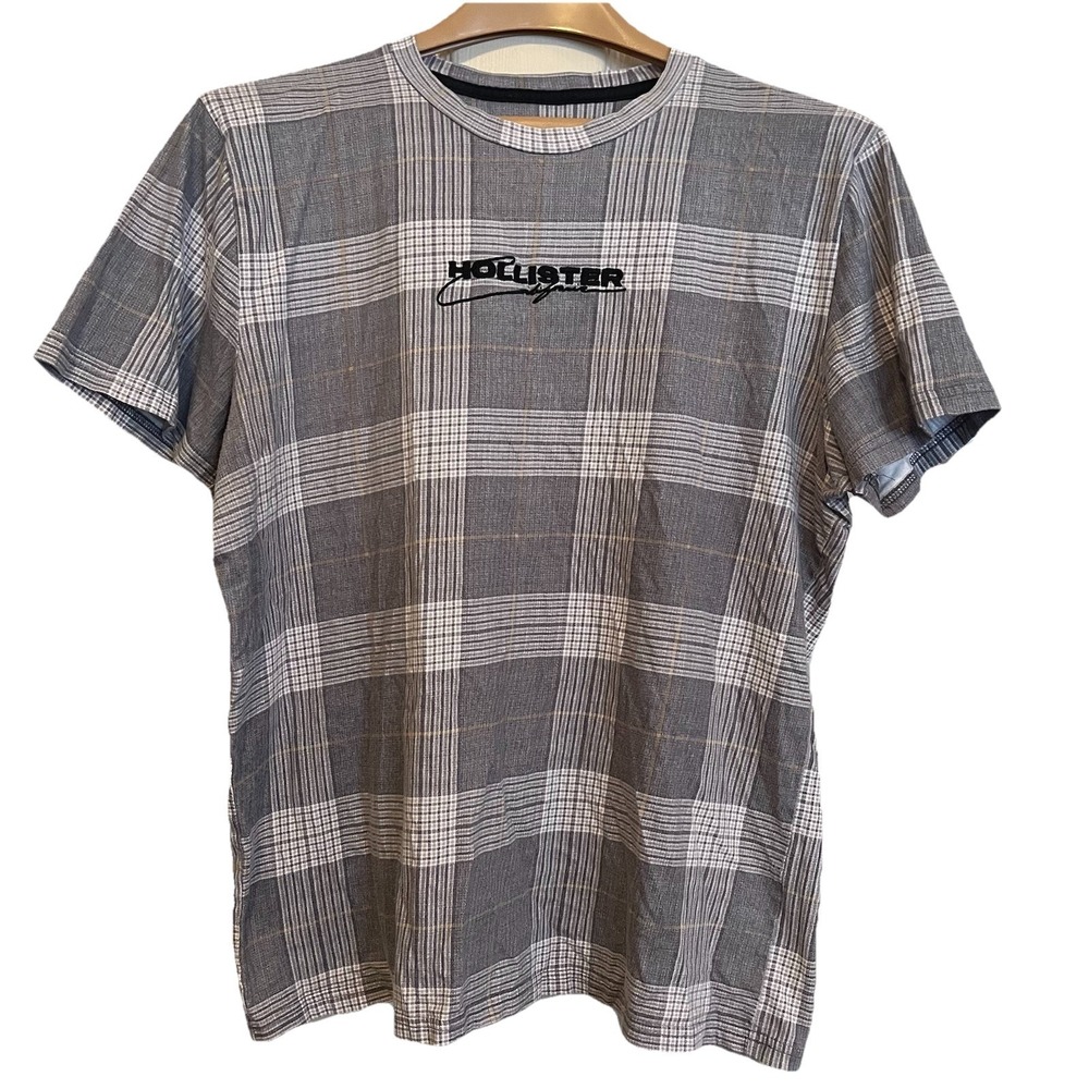 Hollister Men's L Shirt Gray Plaid Embroidered Short Sleeve Y2K Style Preppy‎